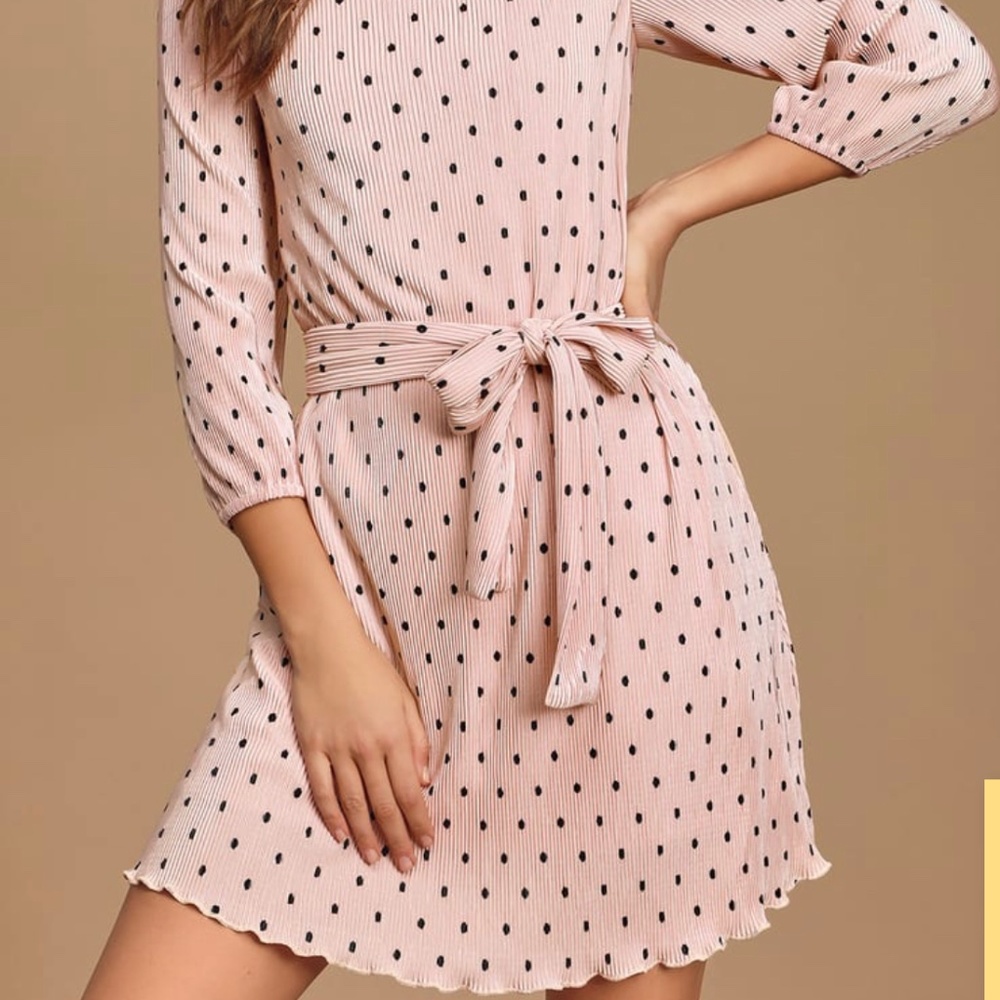 Lulus Sweet Wishes Blush Pink Polka Dot Pleated Mini Dress